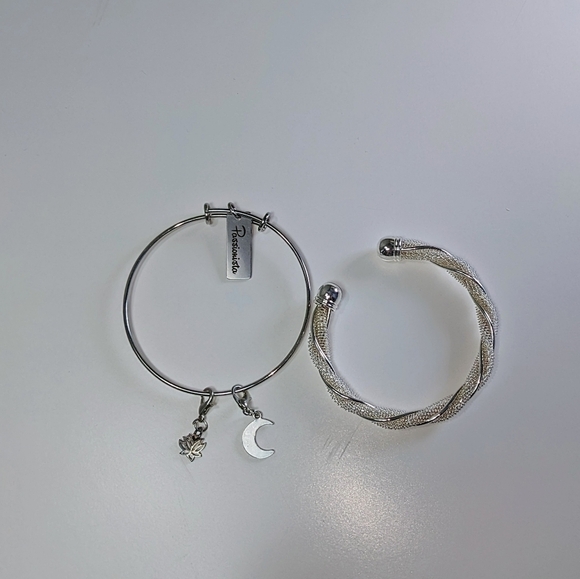 (x2) Silver Bracelets Mesh Cuff Bangle and Solid Charm Bangle Bracelets - Picture 2 of 7